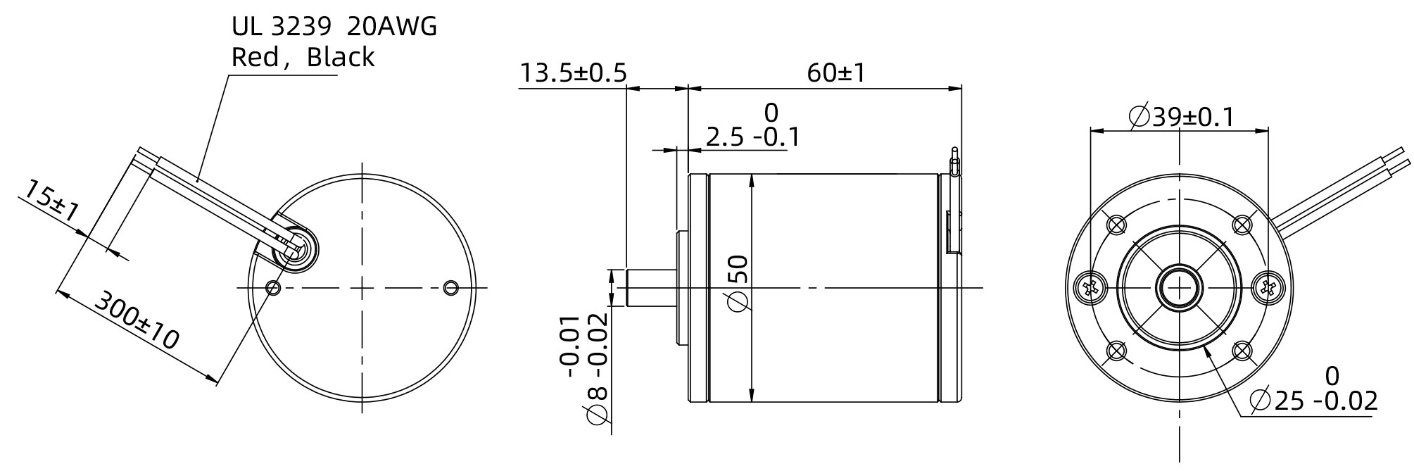 Brush DC Motor Size 50mm Dimensional Drawing